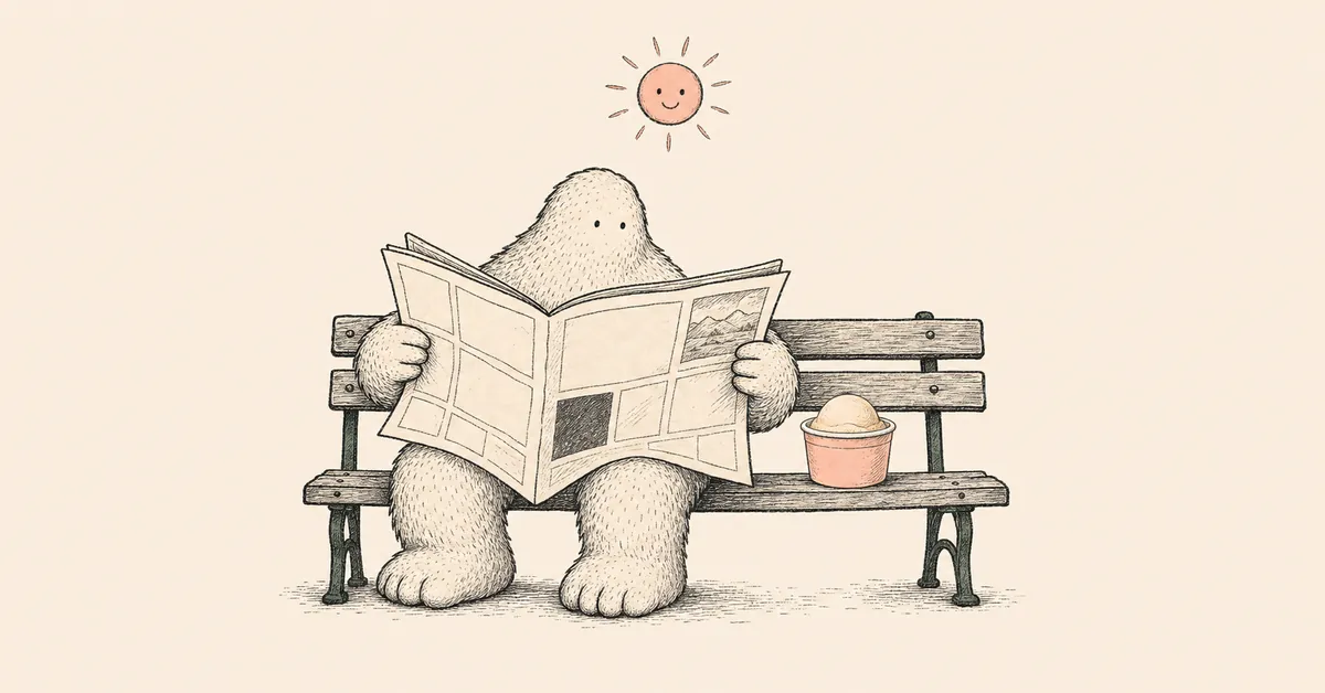 The Lanette yeti reading a newspaper on a bench under a smiling sun