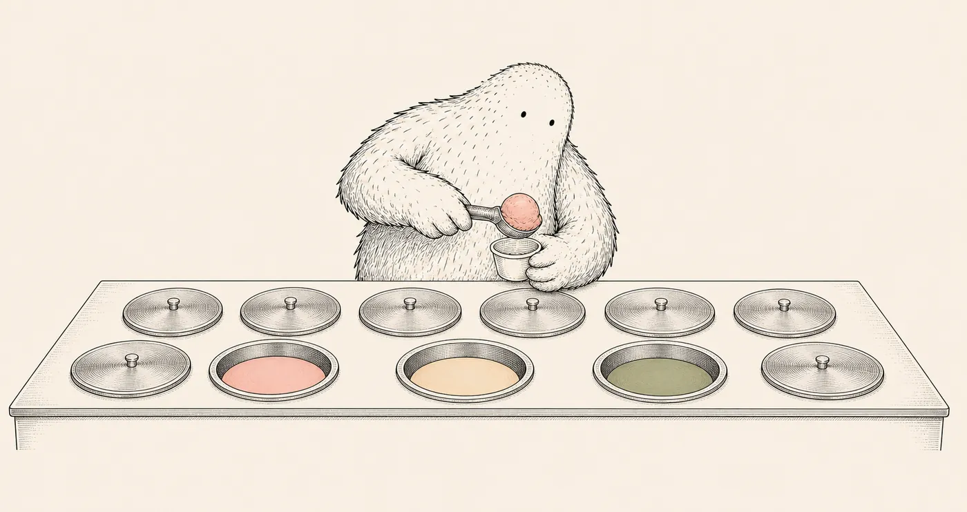 El yeti Lanette sirviendo helado en el mostrador pozzetti del obrador