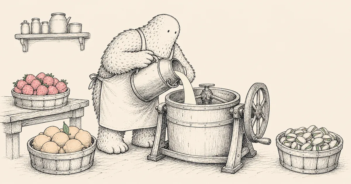El yeti Lanette con delantal vertiendo leche fresca en la mantecadora del obrador